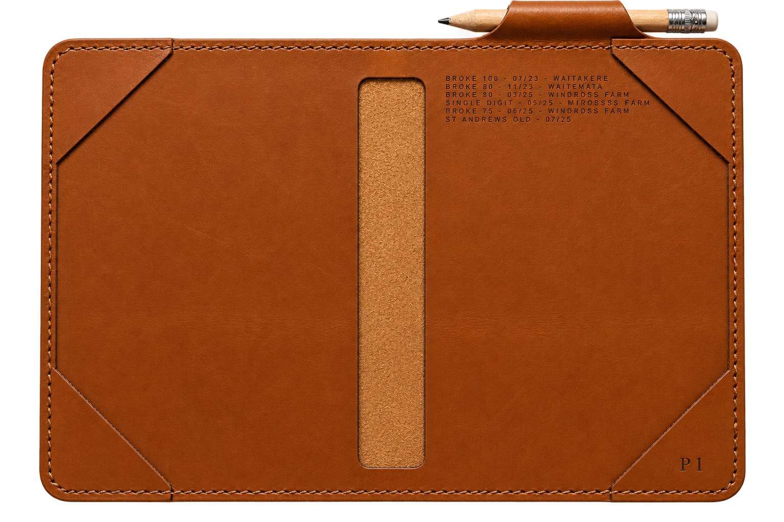 Tan scorecard holder, inside leaf