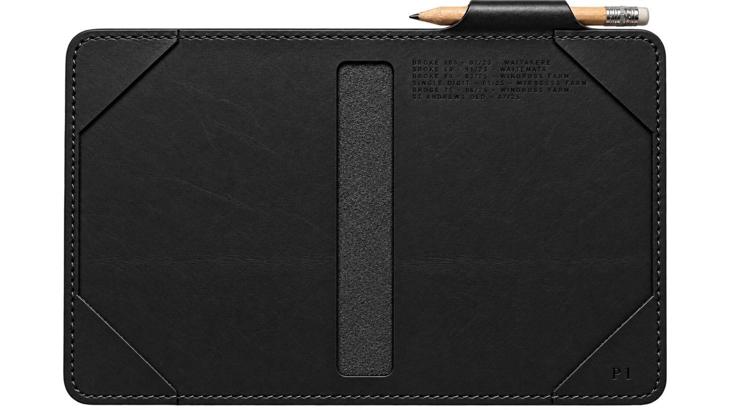 Black scorecard holder, open leaf
